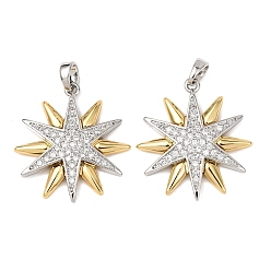 Платиновый & Золотой Латунные микропаве прозрачные подвески с фианитом, звезда, платиной и золотом, 24x22x3 мм, отверстие : 4.5x3 мм