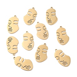 Золотой Ионное покрытие (ip) 304 подвески из нержавеющей стали, абстрактное лицо, золотые, 35.5x20x1 мм, отверстие : 2 мм