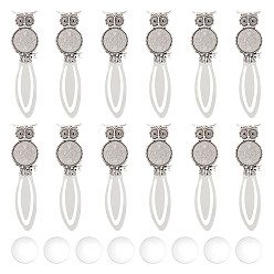 Античное Серебро 12шт. Сова тибетский стиль сплав закладки кабошон оправы, с круглым подносом и подходит для стразов, без кадмия и без свинца, с 12 стеклянными кабошонами, античное серебро, 88x22.5x3 мм, подходят для 1.5 мм, лоток : 20 мм