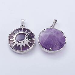 Amethyst Natural Amethyst Pendants, with Brass Findings, Flat Round with Sun & Moon, Platinum, 31x27.5x8mm, Hole: 5x7mm