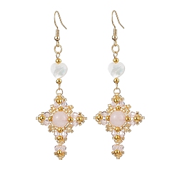 Rose Quartz Natural Mixed Stone & Glass Seed Beads Dangle Earrings for Women, Cross, Golden, Pink, 76x27mm