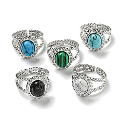 Нержавеющая Сталь Цвет 304 открытые манжеты из нержавеющей стали, Овальные кольца на палец из синтетического малахита и бирюзы для женщин и мужчин, цвет нержавеющей стали, регулируемый