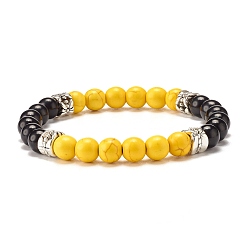 Gold Round Synthetic Turquoise(Dyed) Beaded Stretch Bracelet for Women, Gold, Inner Diameter: 2-1/4 inch(5.8cm)