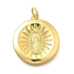 Плоский Круглый Латунные подвески Девы Марии, с целью перехода в кольце, без кадмия и без свинца, долговечный, реальный 18 k позолоченный, стойки покрытие, плоско-круглые, 21x19x2.5 мм, отверстие : 3.5 мм