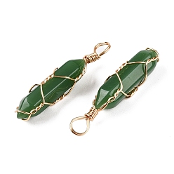 Зеленый Подвески lampwork, формы пуль, обмотанных медной проволокой, граненые, золотые, зелёные, 43x10.5x11.5 мм, отверстие : 4~5x5.5 мм