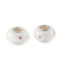 White Lampwork & Brass Core European Beads, Large Hole Beads, Rondelle with Flower, White, 15x7.5mm, Hole: 4mm