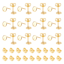 Золотой 40 шт 201 детали серьги-гвоздики из нержавеющей стали, с 316 штифтами из хирургической нержавеющей стали и отверстием, плоско-круглые, с 40шт 304 фрикционными гайками из нержавеющей стали, реальный 24 k позолоченный, 6 мм, отверстие : 1.2 мм, штифты : 0.7 мм