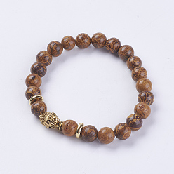 Камень Мириам Натуральная кожа слона яшма/мириам камень/каллиграфия каменные бусины эластичные браслеты, Сплав с поиска, голова Будды, 2-1/8 дюйм (55 мм)