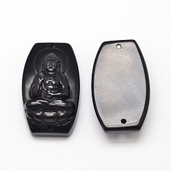 Black Natural Obsidian Cameo Links connectors, Buddhist Jewelry, Buddha, Black, 34~36x20~22x9~11mm, Hole: 1.5~2mm