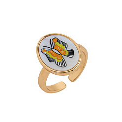 Butterfly Brass & Shell Cuff Open Rings, Golden, Oval, Butterfly, 18mm