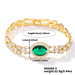 Зеленый Браслеты-цепочки из латуни с кубическими циркониями, браслеты для часов для женщин, овальные, зелёные, внутренний диаметр: 7-1/8 дюйм (18 см)