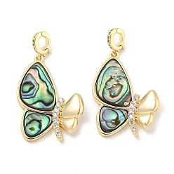 Real 18K Gold Plated Brass Micro Pave Clear Cubic Zirconia Pendants, with Paua Shell, Butterfly Charms, Real 18K Gold Plated, 27.5x19x4mm, Hole: 4x3mm