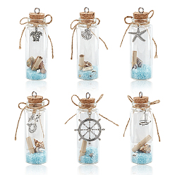 Прозрачный 6 шт. 6 стили колонна стеклянная бутылка желаний с океанской тематикой большие подвески, с подвесками из сплава и натуральными ракушками и светящимися стеклянными бусинами внутри, античное серебро, разнообразные, прозрачные, 9.36 см, 1 шт / стиль