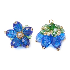 Синий Прозрачные стеклянные подвески, цветочный шарм, со стеклянными жемчужными бусинами и латунными петлями, граненые, синие, 20x23x22 мм, отверстие : 2x3 мм
