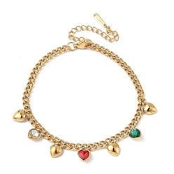 Разноцветный 304 браслеты из нержавеющей стали с подвесками в форме сердца и стразами, браслеты из цепочек панцирного плетения для женщин, золотые, красочный, 7-1/4 дюйм (18.3 см)