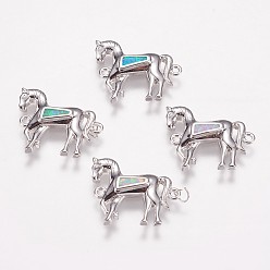 Mixed Color Brass Links Connectors, Cadmium Free & Lead Free, with Synthetic Opal, Horse, Platinum, Mixed Color, 13.5x16.5x3mm, Hole: 1mm