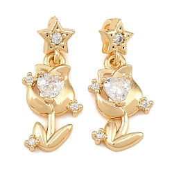 Real 18K Gold Plated Brass Micro Pave Clear Cubic Zirconia Pendants, Tulip with Star & Heart Charms, Real 18K Gold Plated, 21x9x4mm, Hole: 3x1.6mm