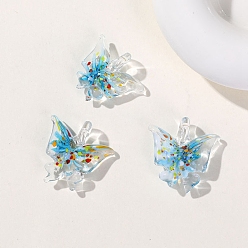 Deep Sky Blue Transparent Lampwork Pendants, Butterfly Charms, Deep Sky Blue, 30x28mm