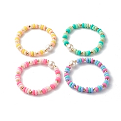 Mixed Color Handmade Polymer Clay Beads  Stretch Bracelets, with Shell Pearl & Brass Beads, Mixed Color, 1/4 inch(0.7cm), Inner Diameter: 2-1/8 inch(5.3cm)
