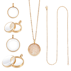 Настоящее золото 18K Наборы для самостоятельного изготовления круглого кулона-ожерелья, включая 304 подвески-медальоны из нержавеющей стали и кабельные цепи, реальный 18 k позолоченный, 17.72 дюйм (450 мм), 1.5 мм