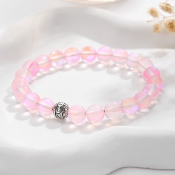 Pink Браслеты в стиле бохо из круглых бусин из синтетического лунного камня диаметром 8 мм, эластичные, для женщин., с цинком сплава шариков, платина, розовые, внутренний диаметр: 2.17 дюйм (5.5 см)