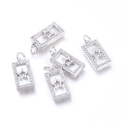 Платина Латунные микро проложить кубического циркония подвески, с прыжковыми кольцами и натуральной оболочкой, долговечный, без кадмия и без свинца и без никеля, прямоугольник со звездой, прозрачные, платина, 16x8x3 мм, отверстие : 3.4 мм