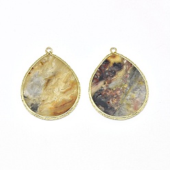 Crazy Agate Natural Crazy Agate Pendants, with Brass Findings, teardrop, Golden, 44~45x34~35x2mm, Hole: 2mm