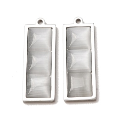 Couleur Acier Inoxydable 303 Pendentifs en acier inoxydable et œil de chat, charme rectangle, facette, couleur inox, 36x13x4.5mm, Trou: 2mm