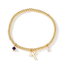 Cross Богемные пляжные латунные браслеты с подвесками из эластичной ленты, крестик, внутренний диаметр: 6.89 дюйм (17.5 см)