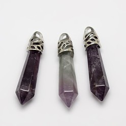 Amethyst Bullet Natural Amethyst Pointed Pendants, with Platinum Plated Brass Findings, 34~45x8~10mm, Hole: 3mm