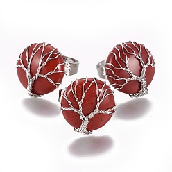 Красный Камень Регулируемые кольца из натуральной красной яшмы, с латунной фурнитурой платинового цвета, плоско-круглые, Размер 8, 18 мм
