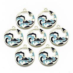 Light Gold Chinese Style Alloy Pendants, with Enamel, Flat Round with Wave, Cadmium Free & Lead Free, Black & Blue, Light Gold, 28x25x1.5mm, Hole: 2mm