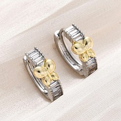 Бабочка Латунные серьги-кольца из прозрачного кубического циркония, долговечный, без свинца и без кадмия, реальный 18 k позолоченный, бабочка, 15.5x17x6.5 мм