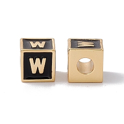 Letter W Стойки покрытие латунь эмаль бисер, без кадмия, без никеля и без свинца, реальный 18 k позолоченный, куб с письмом, чёрные, буква.w, 6x6x6 мм, отверстие : 2.5 мм