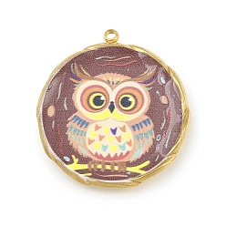 Верблюжий Печатные 304 подвески из нержавеющей стали, плоские круглые с совой, вакуумное покрытие pvd, реальный 18 k позолоченный, верблюжие, 25.5x23.5x3 мм, отверстие : 1.5 мм