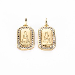 Letter A Латунные микропаве прозрачные подвески с фианитом, без никеля , реальный 18 k позолоченный, прямоугольник с буквой, letter.a, 16x9.5x2 мм, Перейти кольцо: 5x0.5 мм, внутренний диаметр: 3 мм