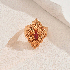 Красный Элегантные геометрические полые латунные кольца с паве из кубического циркония, регулируемые для женщин, цветок, золотые, красные, 28x19 мм, внутренний диаметр: регулируемый