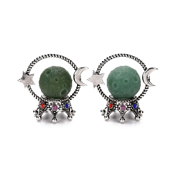 Зеленый Авантюрин Натуральный зеленый авантюрин сфера украшения дисплея, с пьедесталом из легированной эмали, звезды с луной, античное серебро, 79x82x50 мм