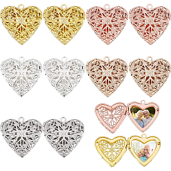 Mixed Color 10Pcs 5 Colors Brass Diffuser Locket Pendants, Picture Frame Charms for Necklace, Heart with Flower, Mixed Color, 26x26.5x6.5mm, Hole: 2mm, 2pcs/color