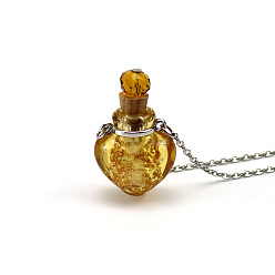 (932FM) Темно-синий аква-матовый с подкладкой Светящееся сердце, ожерелья в виде флакона духов лэмпворк, с цепями из нержавеющей стали, темно-золотистые, 23.62 дюйм (60 см), Кулон : 21x23 мм, емкость: 0.5 мл (0.02 жидких унций)