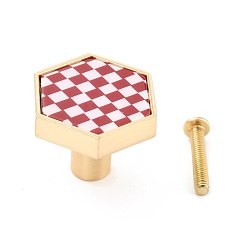 Indian Red Hexagon with Grid Pattern Brass Box Handles & Knobs, with Resin Cabochons and Iron Screws, Matte Gold Color