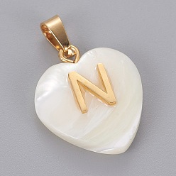 Letter N Shell Anhänger, mit 304 Edelstahl Zubehör, Herz mit Brief, golden, letter.n, 23.5x20x7 mm, Bohrung: 3.5x7 mm