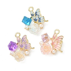 (52) Непрозрачная лаванда Подвески из эмали и сплава, Бабочка с цветком, с абс пластмассовой имитационной жемчужиной, золотой свет, без кадмия, без никеля и без свинца, стойки покрытие, разноцветные, 23x22x9 мм, отверстие : 2.5 мм