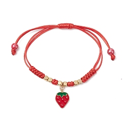 Красный Фарфоровые бусины и латунные плетеные браслеты из бусин, с корейскими вощеный шнур полиэстера, клубника, красные, внутренний диаметр: 3-1/2 дюйм (9 см)