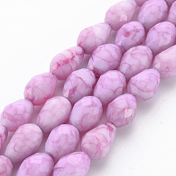 Orchid Opaque Baking Paint Crackle Glass Beads Strands, Teardrop, Faceted, Orchid, 10.5~12x8mm, Hole: 1.5mm, about 33~34pcs/strand, 15.24 inch~15.59 inch(38.7cm~39.6cm)