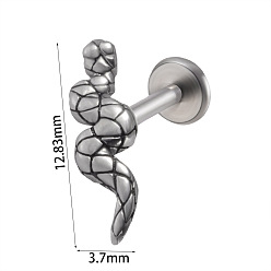 Змея 304 безрезьбовая серьга-гвоздик из нержавеющей стали, козелок шпилька, плоская серьга сзади, цвет нержавеющей стали, змея, 8 мм, штифты : 1.2 мм