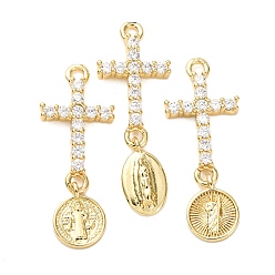 Настоящее золото 18K Латунные микропаве прозрачные подвески с фианитом, стойки покрытие, долговечный, без свинца и без кадмия, крест и святой, реальный 18 k позолоченный, 29~31.5x11x3 мм, отверстие : 1.8 мм