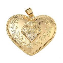 Настоящее золото 16K Латунные микропаве прозрачные подвески с фианитом, сердце с подвесками в виде листьев, реальный 16 k позолоченный, 30.5x35.5x7 мм, отверстие : 5.5x4 мм