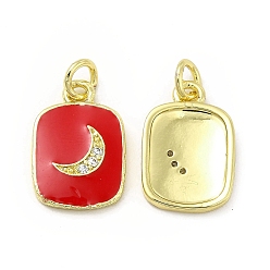 Red Brass Micro Pave Cubic Zirconia Pendants, with Enamel & Jump Ring, Rectangle with Moon Charm, Golden, Red, 16x11x2mm, Hole: 2.5mm