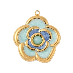 Аквамарин Крашеные натуральный белый нефрит подвески, подвески-цветы из эмали из нержавеющей стали, реальный 18 k позолоченный, аквамарин, 24.5x21.5x4 мм, отверстие : 1.4 мм